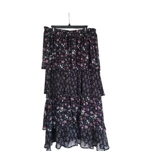 Cato 1946 Tiered Floral Maxi Skirt Black Boho Fairy Grunge Chiffon 1Womens 18 20